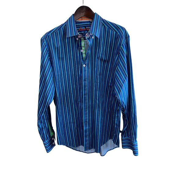 Robert Graham Mens XL Blue Striped Cotton Long Sleeve Button-Up Shirt - Picture 8 of 8